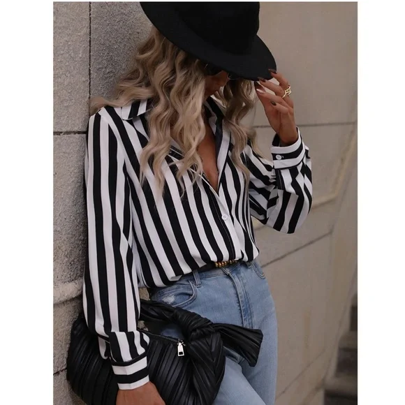 Vertical Stripes Black and White Collar Shirt Button Down - Picture 3 of 16